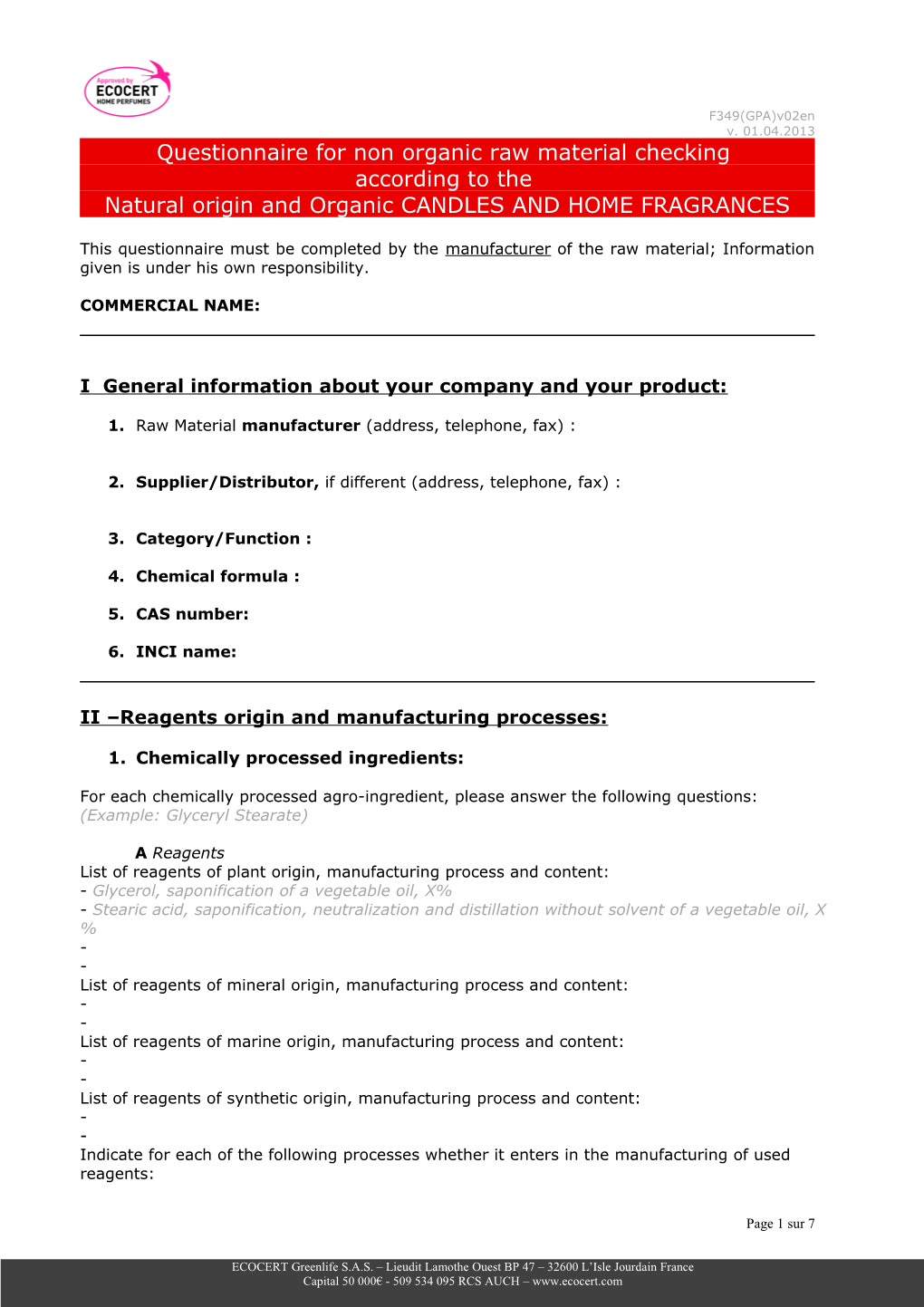 Questionnaire De Vérification Des Matières Premières Selon Le Référentiel Des Cosmétiques