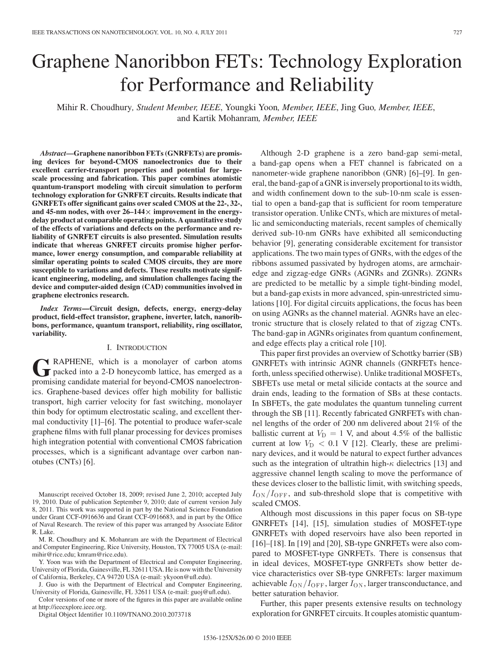 Graphene Nanoribbon Fets: Technology Exploration for Performance and Reliability Mihir R