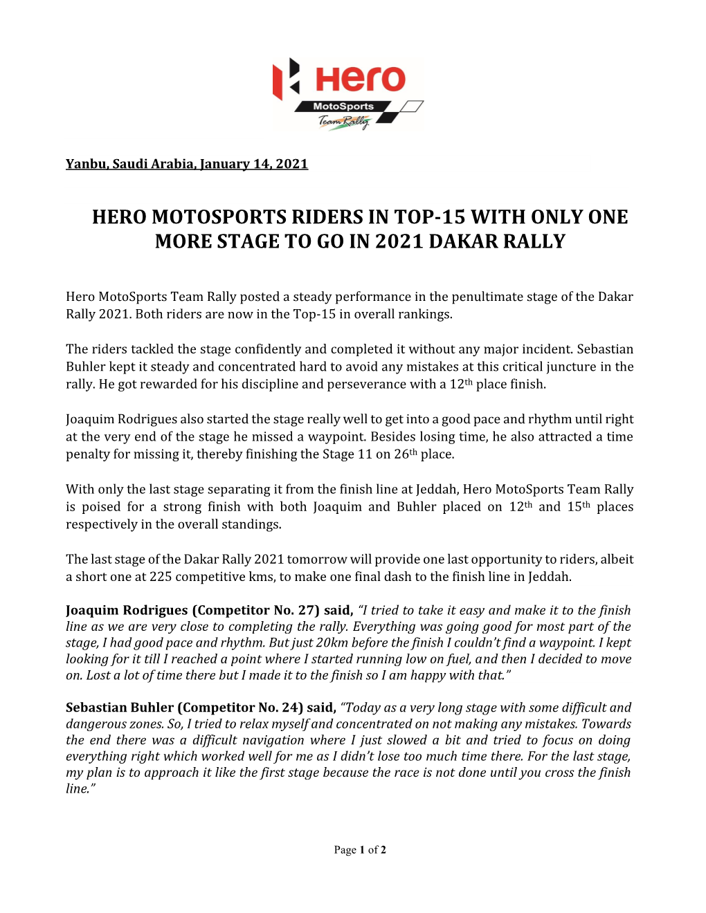 Hero Motosports Riders in Top-15 with Only One More Stage to Go in 2021 Dakar Rally