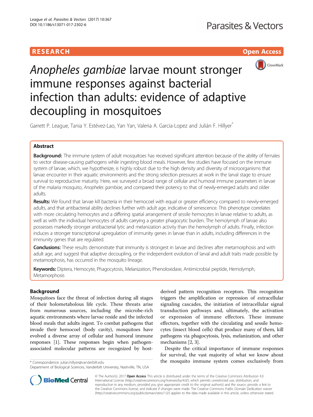 Anopheles Gambiae Larvae Mount Stronger Immune Responses Against Bacterial Infection Than Adults: Evidence of Adaptive Decoupling in Mosquitoes Garrett P