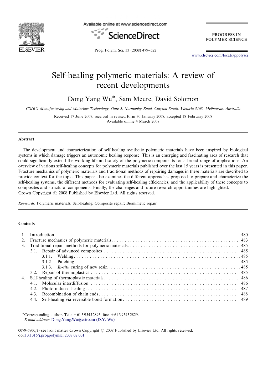 Self-Healing Polymeric Materials: a Review of Recent Developments