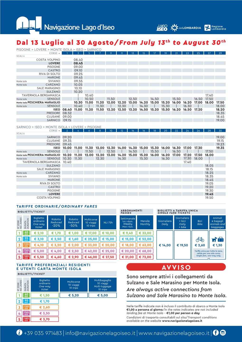 AVVISO BIGLIETTI/TICKET Sono Sempre Attivi I Collegamenti Da Biglietto Multibagaglio Multicorse Ordinario 10 Viaggi 10 Viaggi Sulzano E Sale Marasino Per Monte Isola