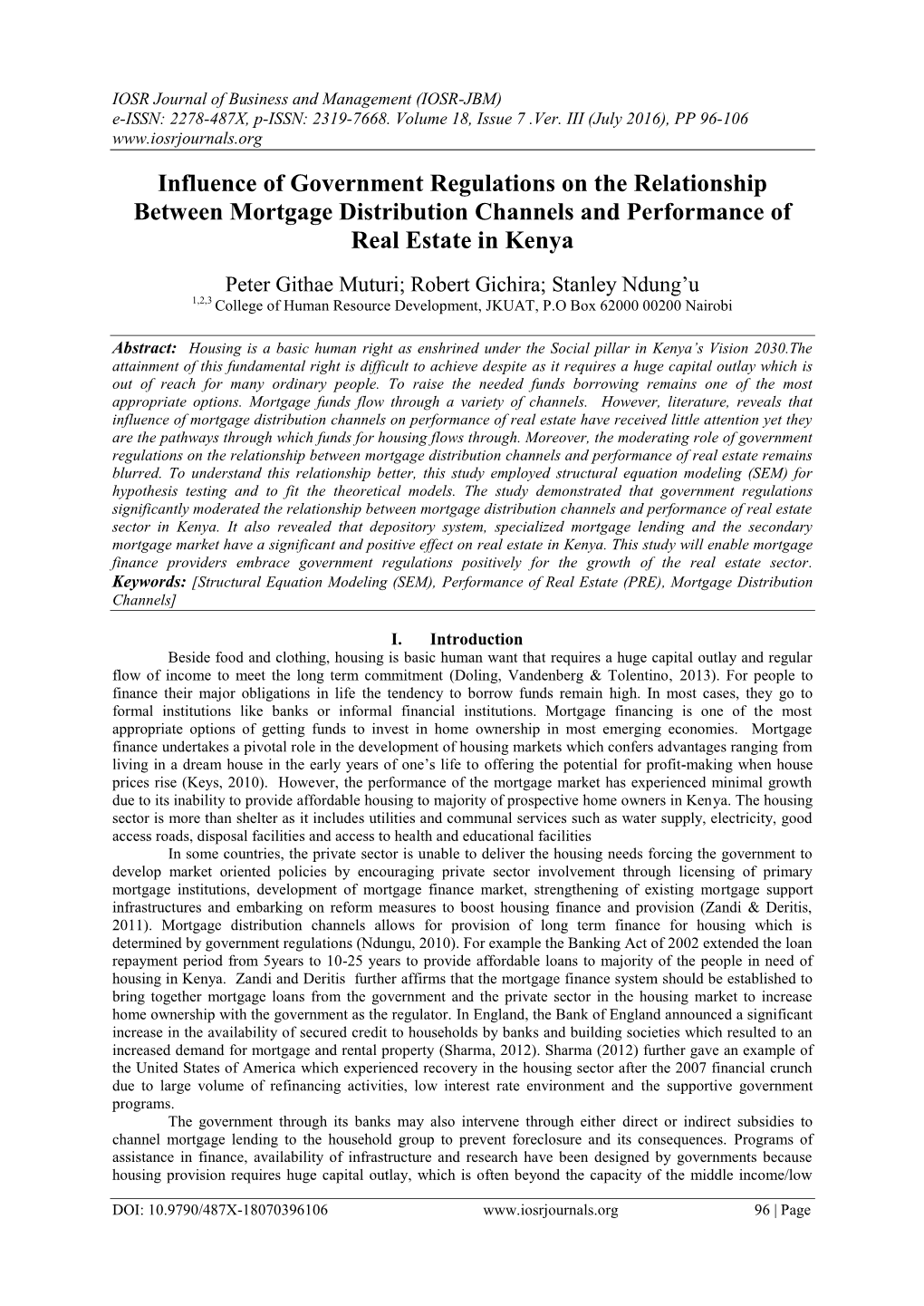 Influence of Government Regulations on the Relationship Between Mortgage Distribution Channels and Performance of Real Estate in Kenya