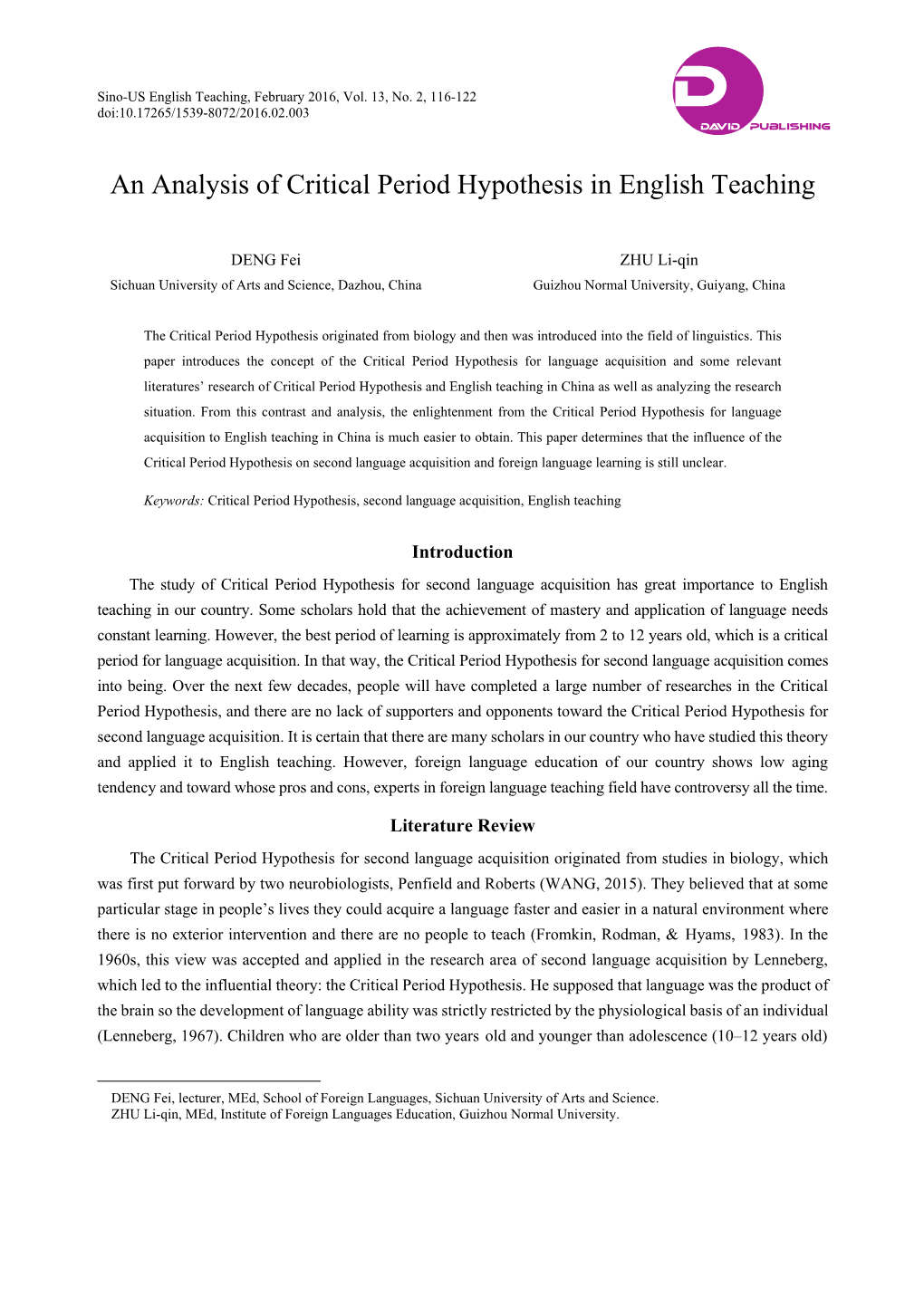 An Analysis of Critical Period Hypothesis in English Teaching