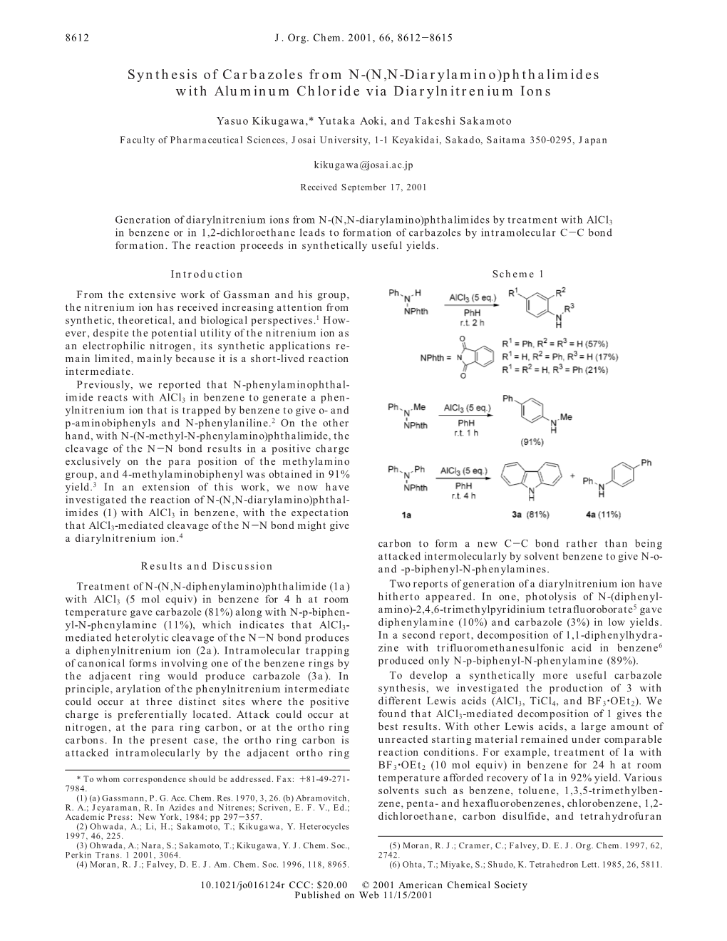 Synthesis of Carbazoles from N-(N,N-Diarylamino)Phthalimides with Aluminum Chloride Via Diarylnitrenium Ions