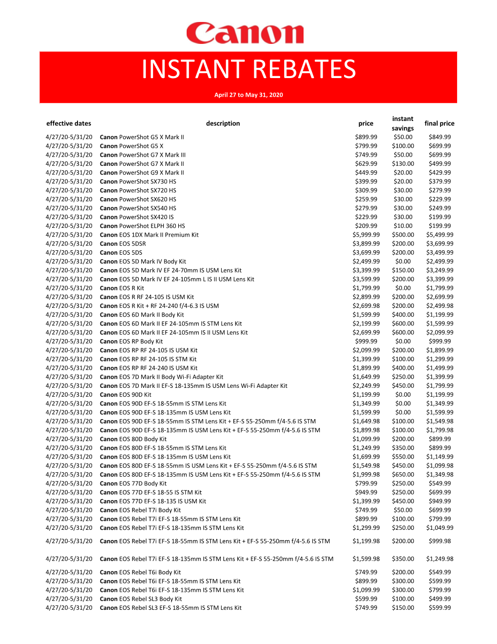 INSTANT REBATES April 27 to May 31, 2020