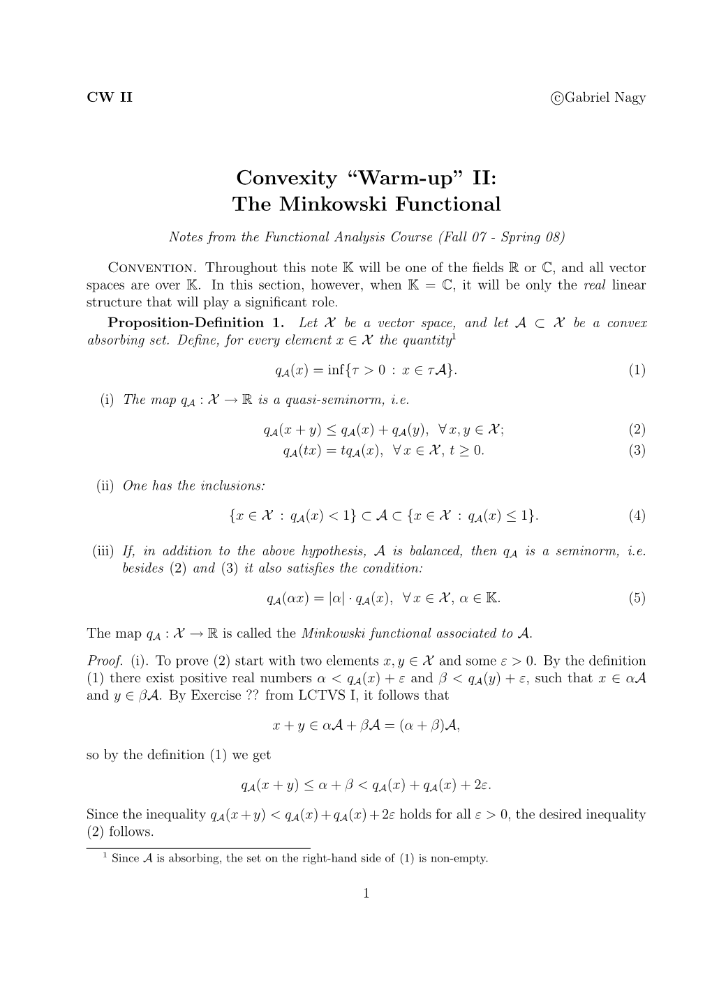 Convexity “Warm-Up” II: the Minkowski Functional