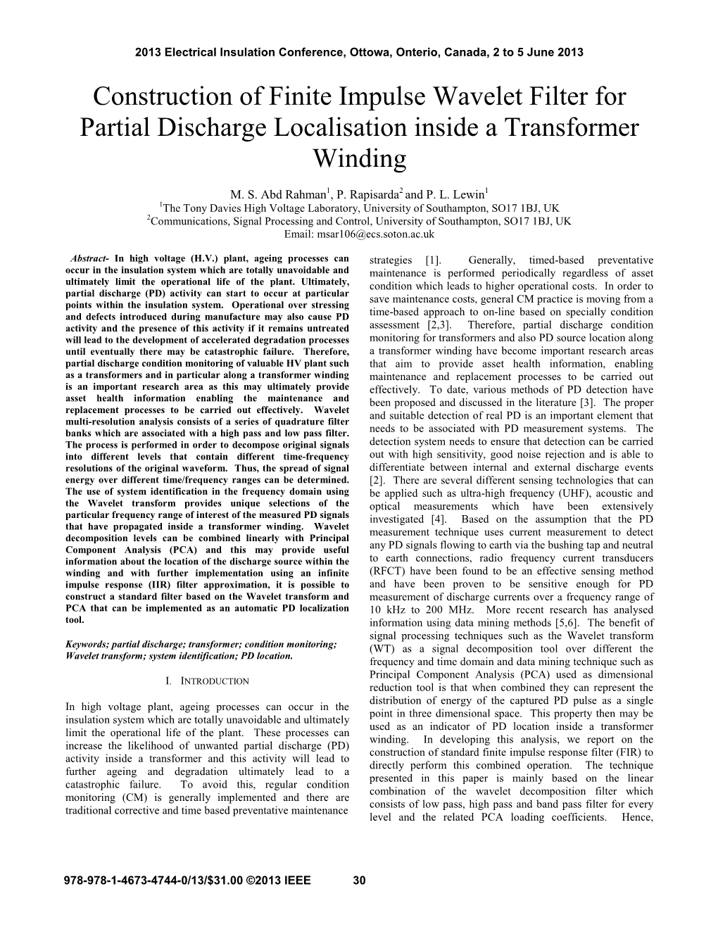 Construction of Finite Impulse Wavelet Filter for Partial Discharge Localisation Inside a Transformer Winding