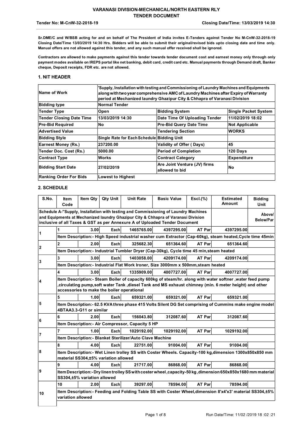 VARANASI DIVISION-MECHANICAL/NORTH EASTERN RLY TENDER DOCUMENT Tender No: M-Cnw-32-2018-19 Closing Date/Time: 13/03/2019 14:30