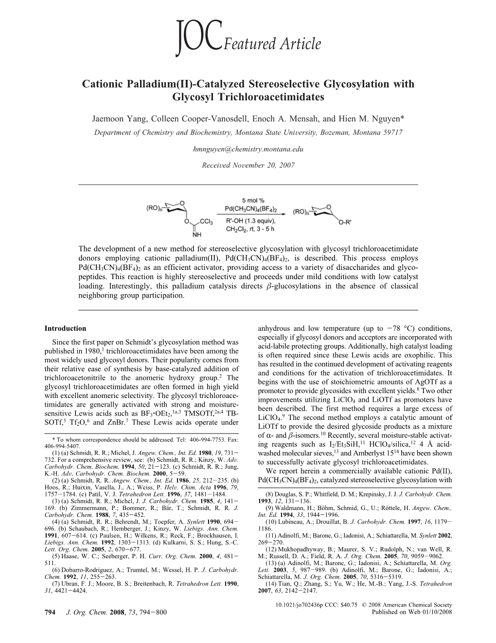 Cationic Palladium(II)-Catalyzed Stereoselective Glycosylation with Glycosyl Trichloroacetimidates