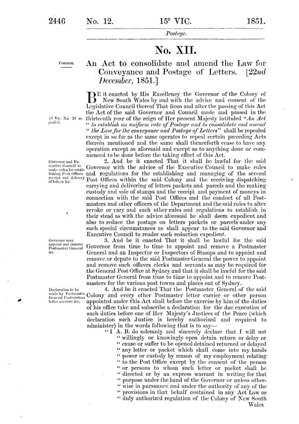 No. XII. an Act to Consolidate and Amend the Law for Conveyance and Postage of Letters