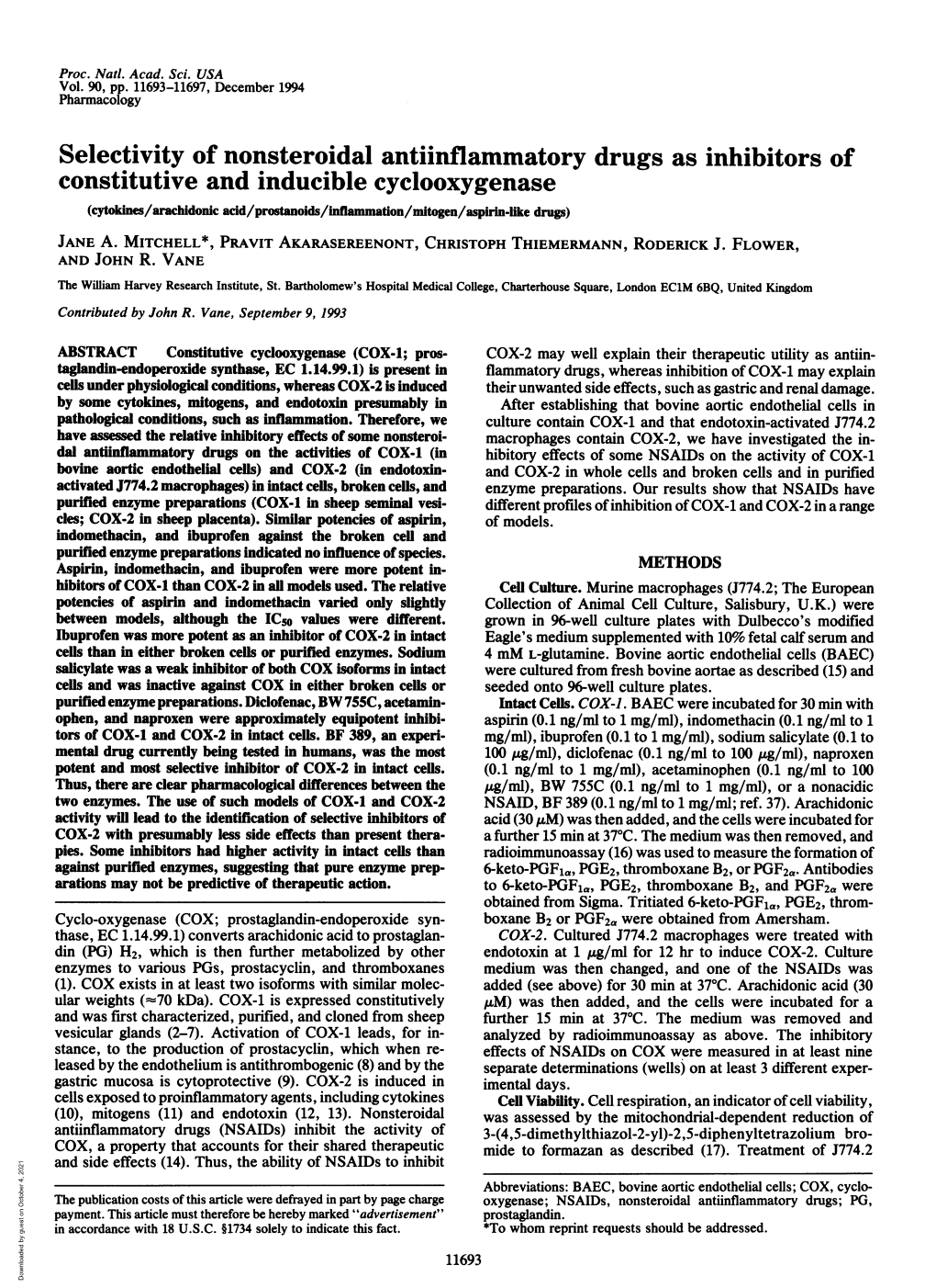 Selectivity of Nonsteroidal Antiinflammatory Drugs As Inhibitors