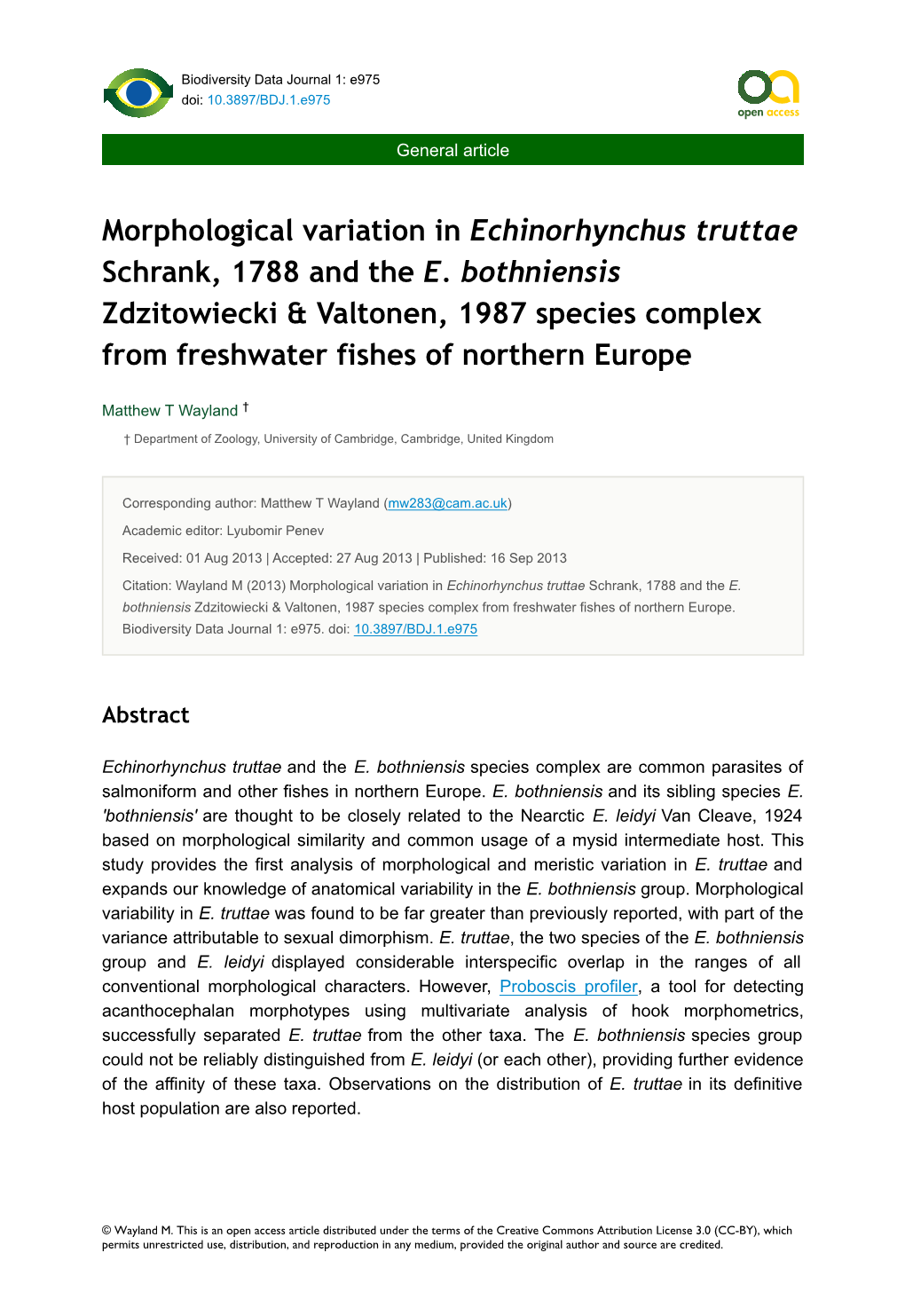 Morphological Variation in Echinorhynchus Truttae Schrank, 1788 and the E