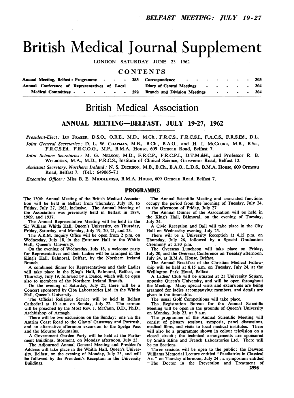 British Medical Association ANNUAL MEETING-BELFAST, JULY 19-27, 1962