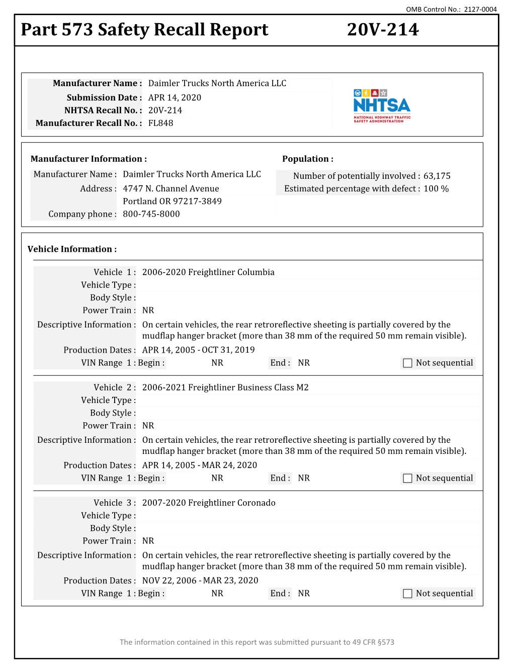 Part 573 Safety Recall Report 20V-214