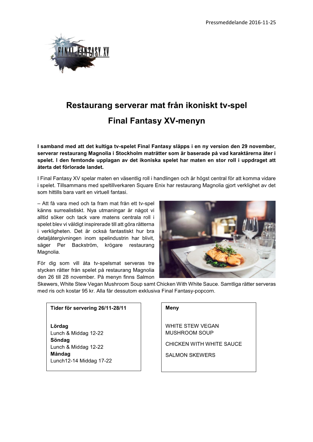 Restaurang Serverar Mat Från Ikoniskt Tv-Spel Final Fantasy XV-Menyn
