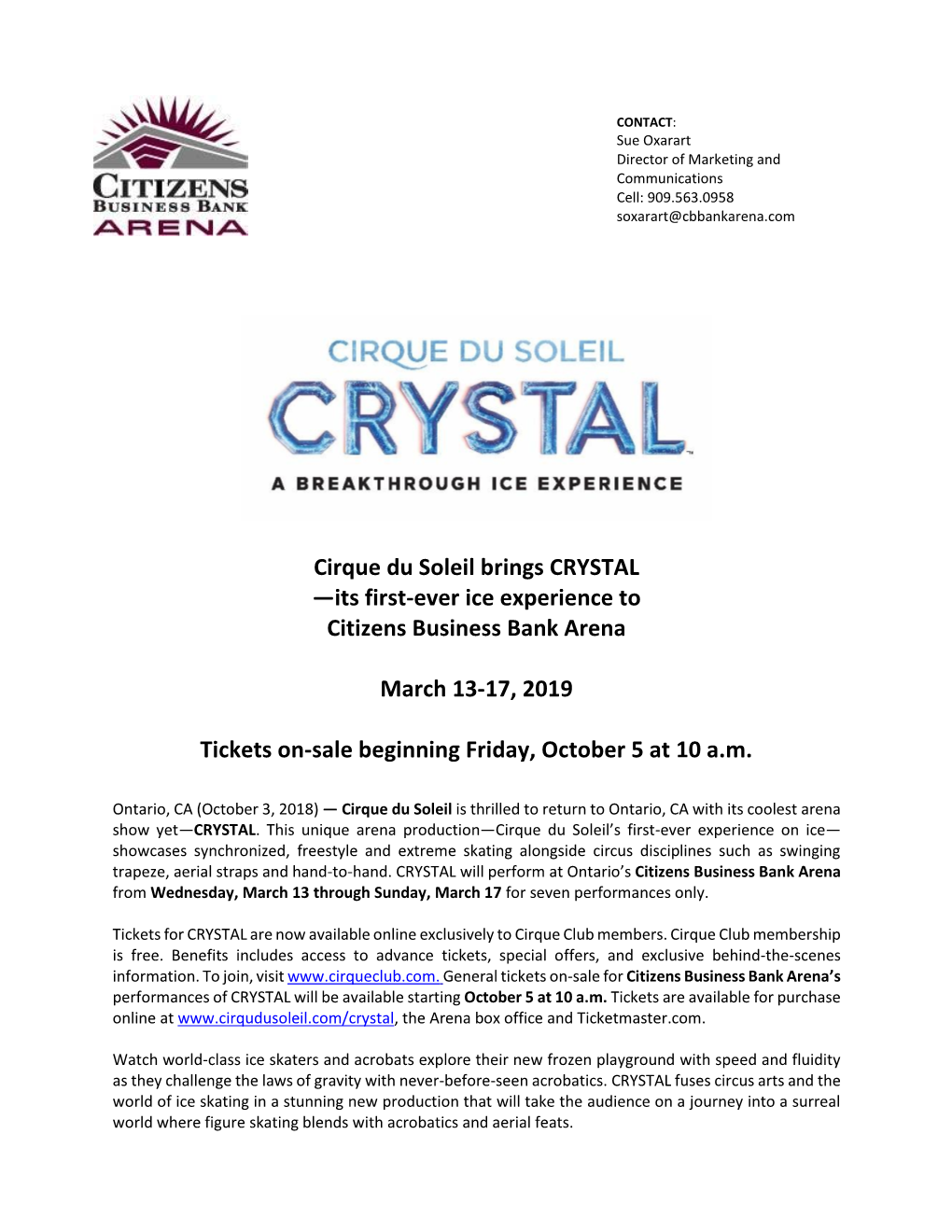 Cirque Du Soleil Brings CRYSTAL —Its First-Ever Ice Experience to Citizens Business Bank Arena