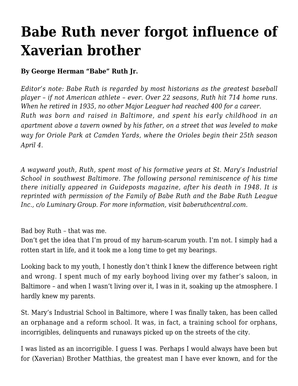 Babe Ruth Never Forgot Influence of Xaverian Brother