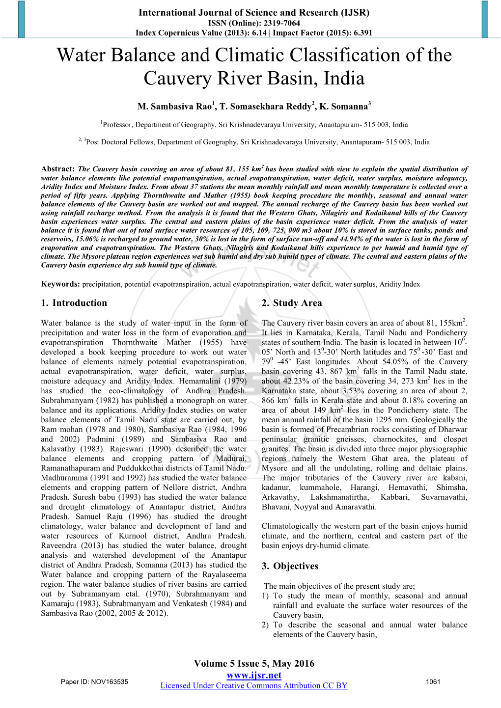 Water Balance and Climatic Classification of the Cauvery River Basin, India