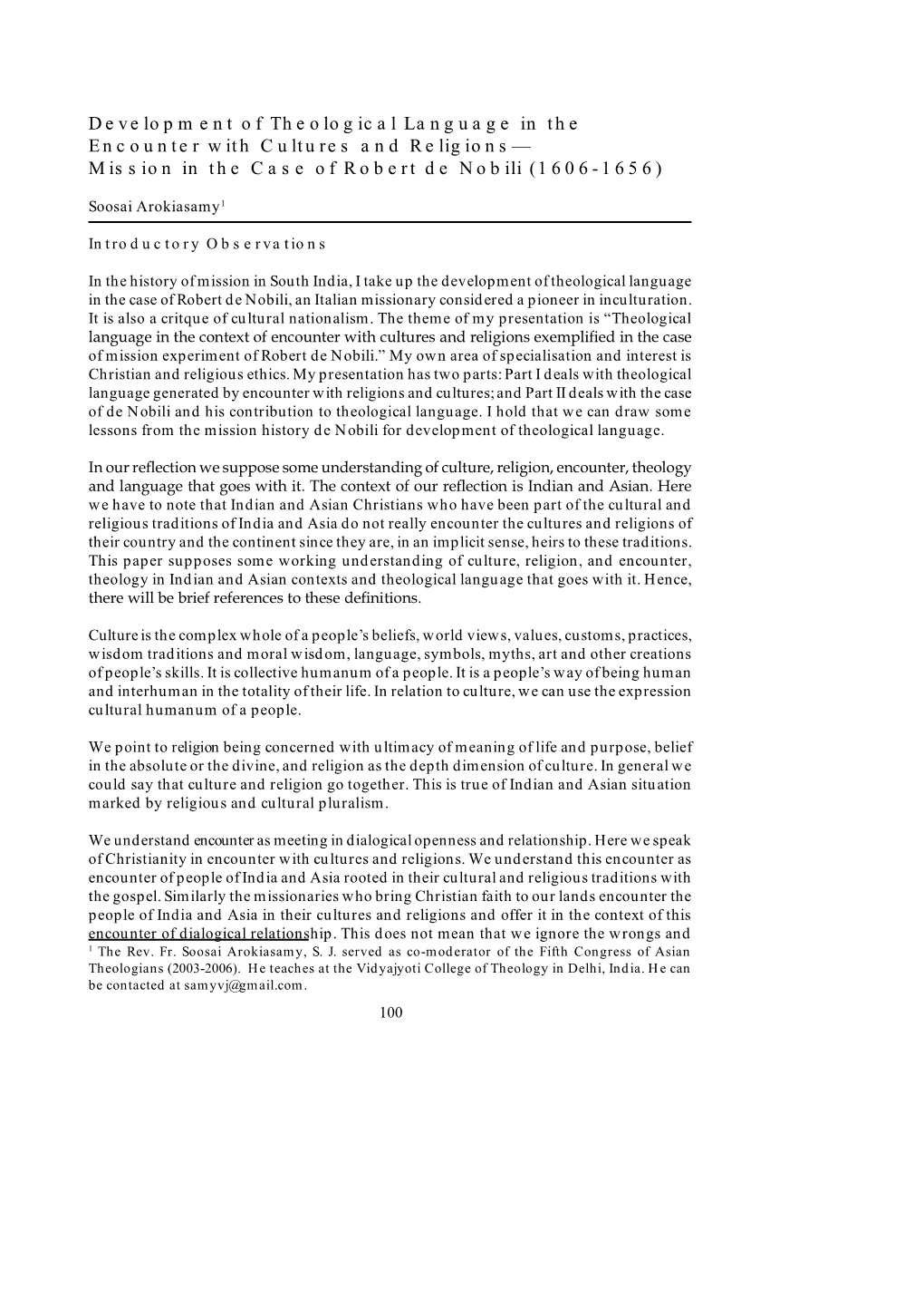 Development of Theological Language in the Encounter with Cultures and Religions— Mission in the Case of Robert De Nobili (1606-1656)