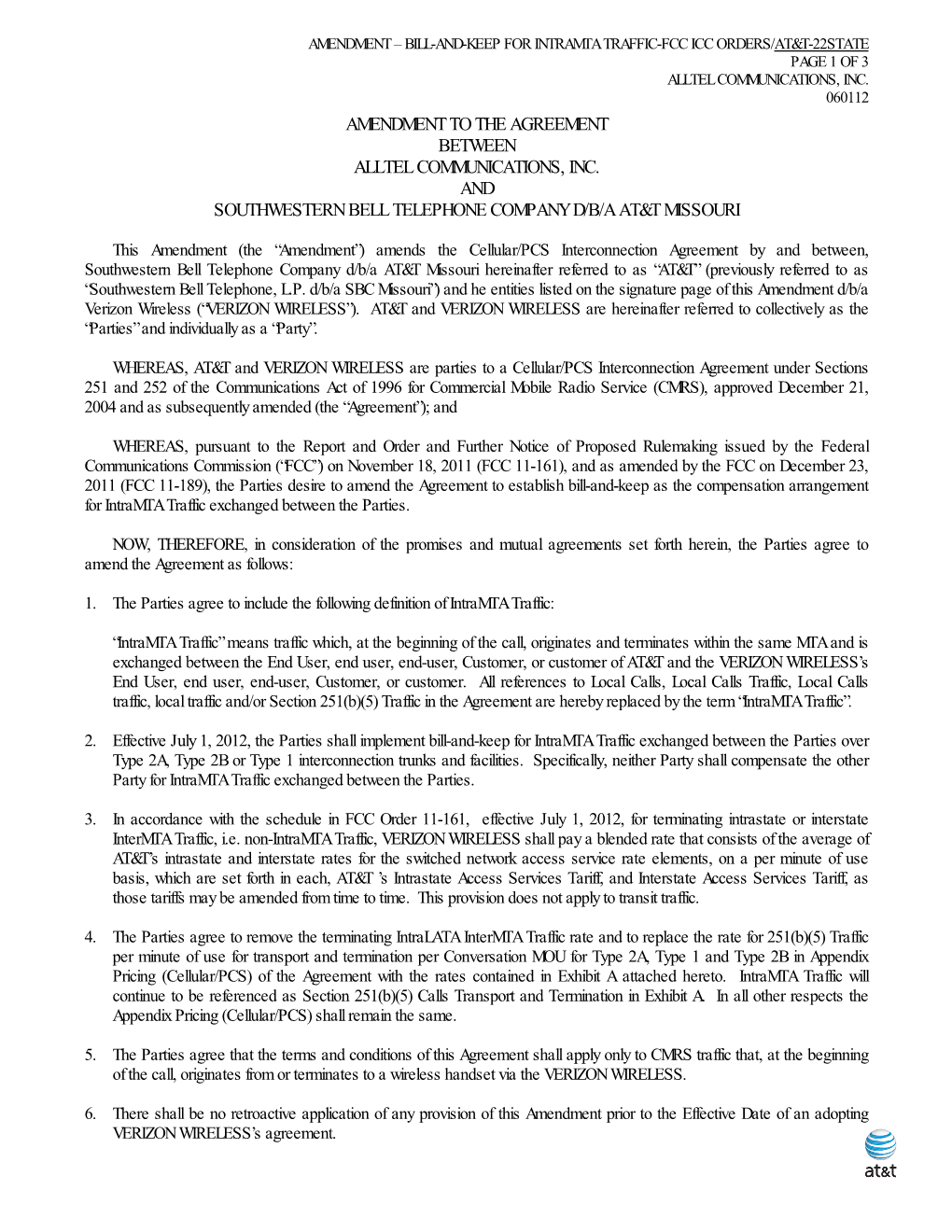 Amendment to the Agreement Between Alltel Communications, Inc