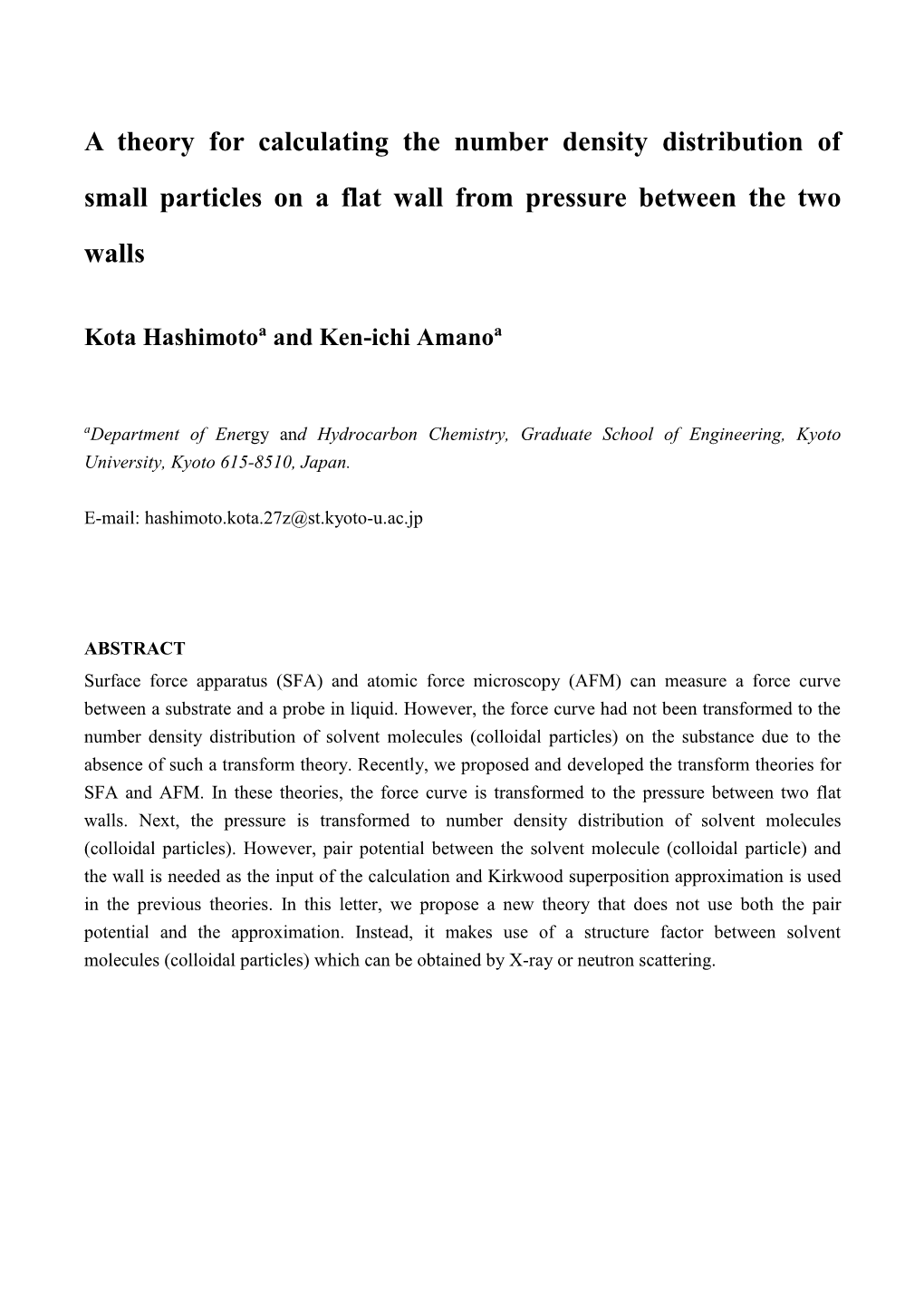 A Theory for Calculating the Number Density Distribution of Small Particles on a Flat Wall from Pressure Between the Two Walls