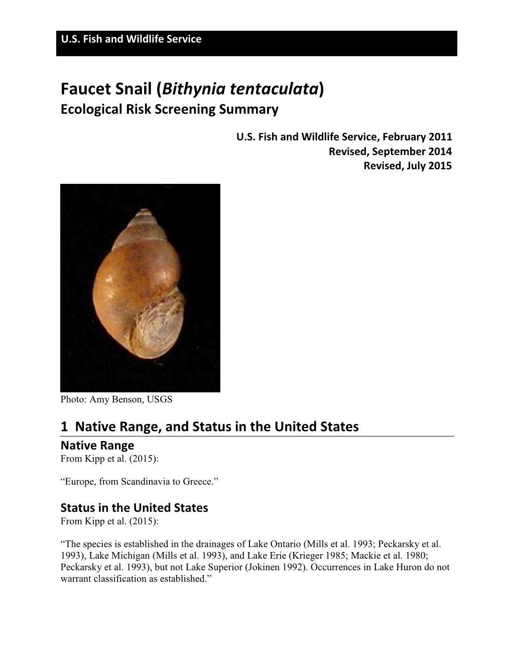 Bithynia Tentaculata) Ecological Risk Screening Summary