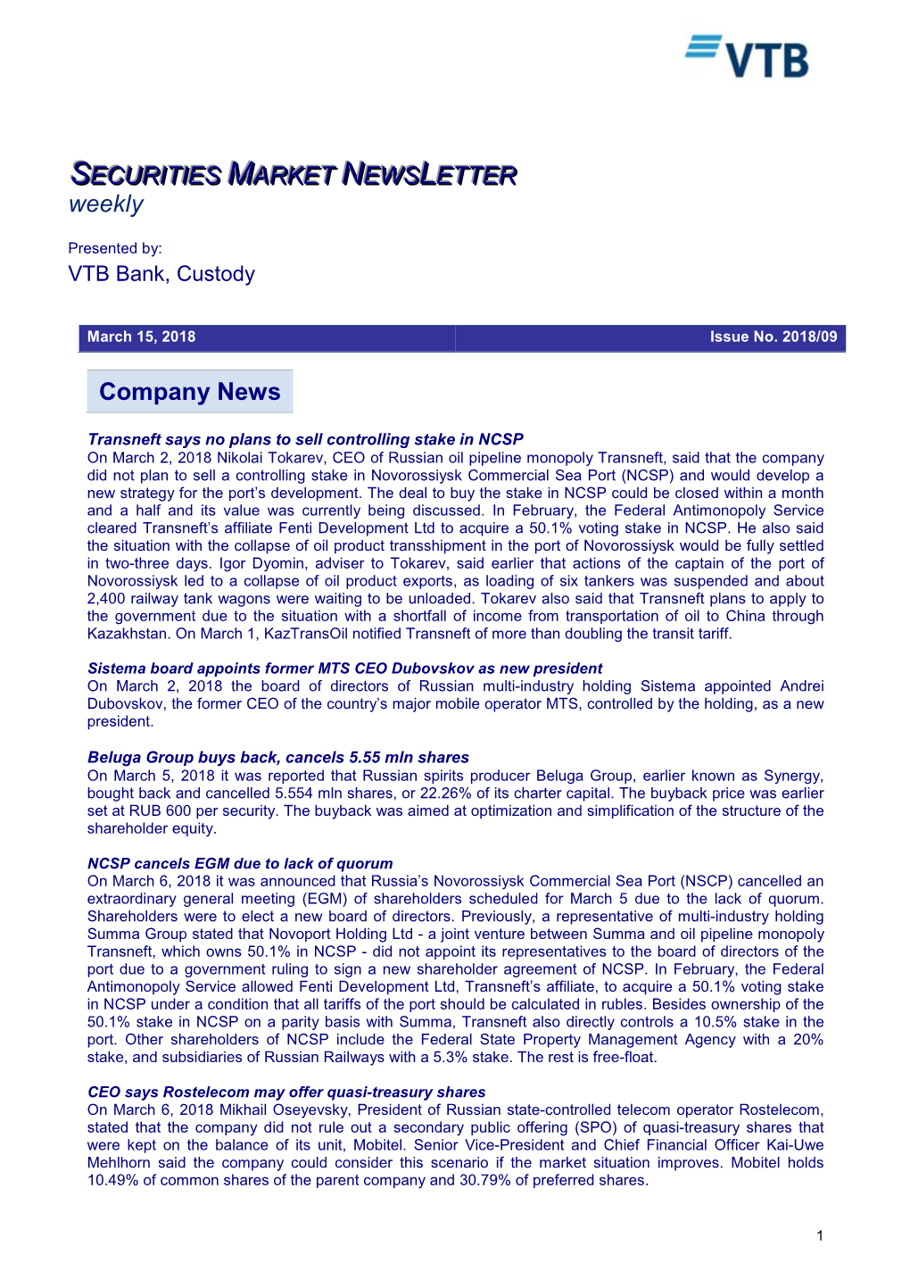 Company News SECURITIES MARKET NEWS LETTER Weekly