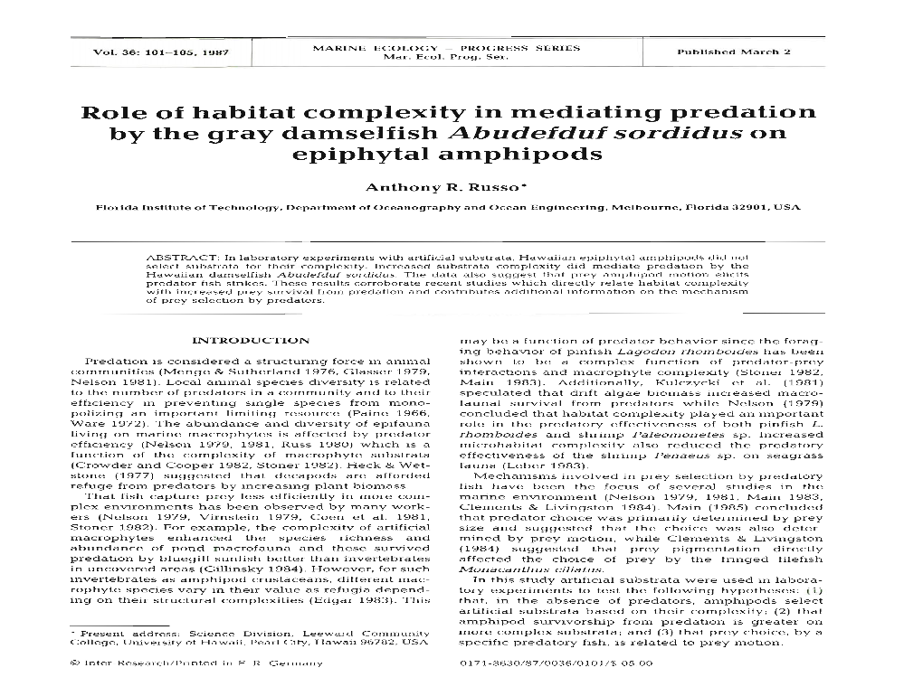 Role of Habitat Complexity in Mediating Predation by the Gray Damselfish Abudefduf Sordidus on Epiphytal Amphipods