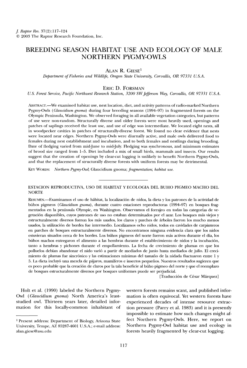 BREEDING SEASON HABITAT USE and ECOLOGY of MALE NORTHERN PYGMY&Hyphen;OWLS