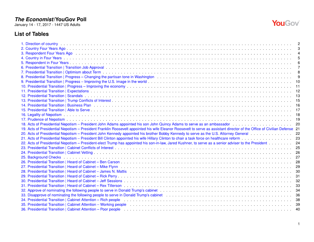 Economist/Yougov Poll January 14 - 17, 2017 - 1447 US Adults List of Tables