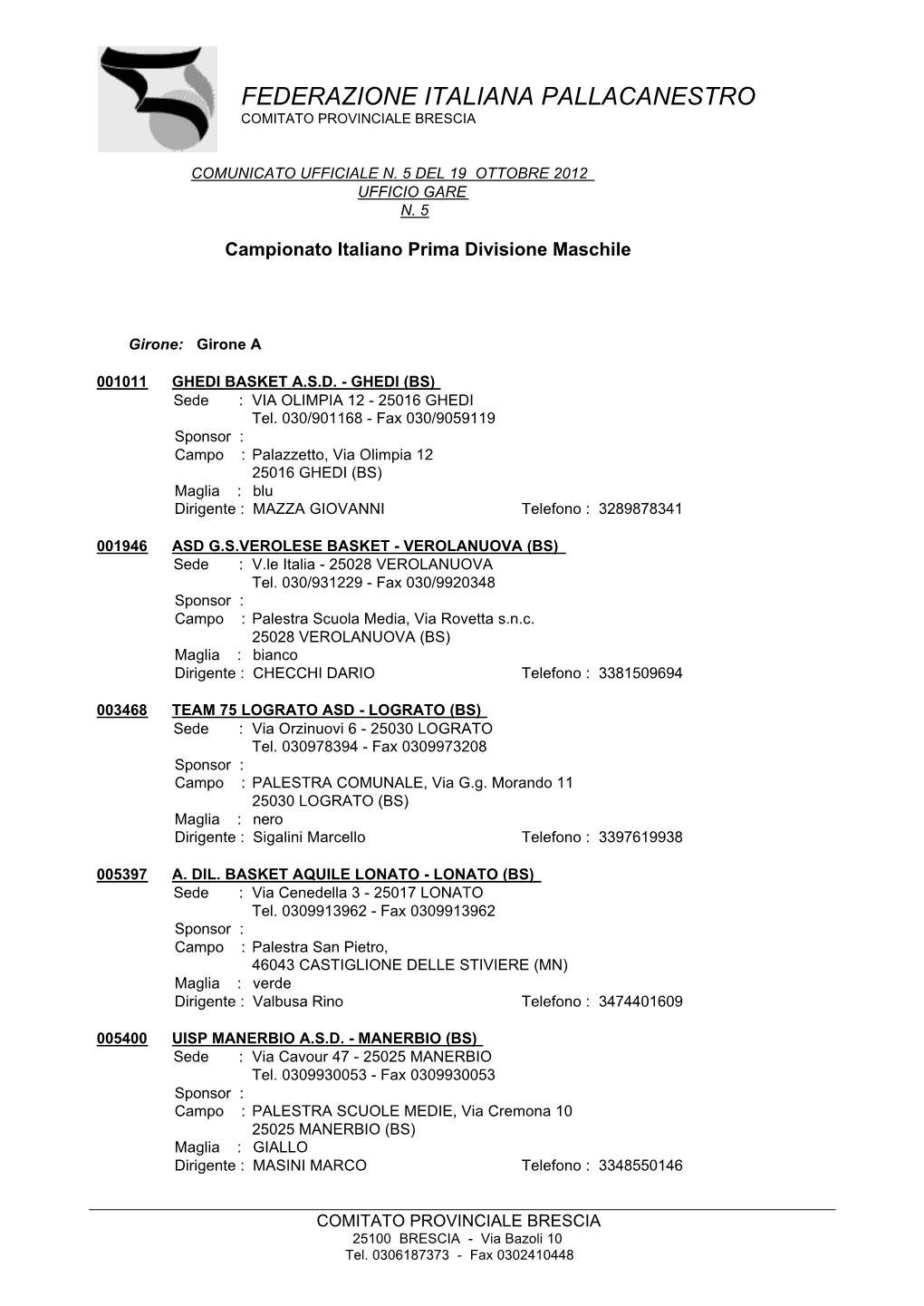 Federazione Italiana Pallacanestro Comitato Provinciale Brescia