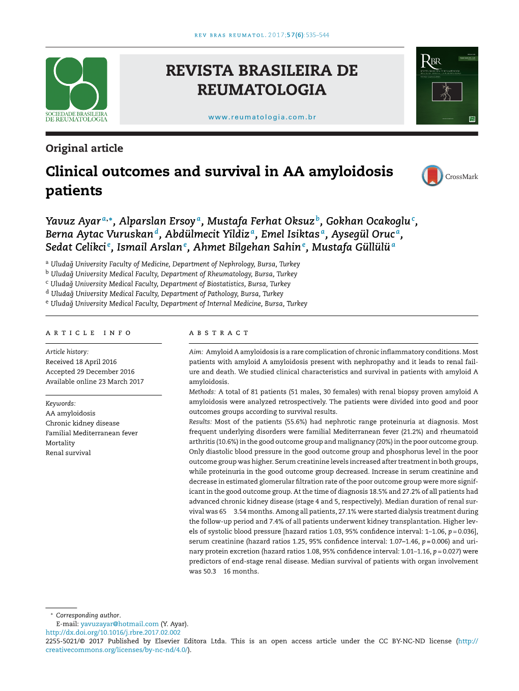 Clinical Outcomes and Survival in AA Amyloidosis Patients