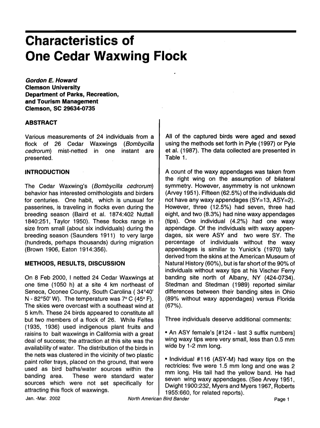 Characteristics of One Cedar Waxwing Flock