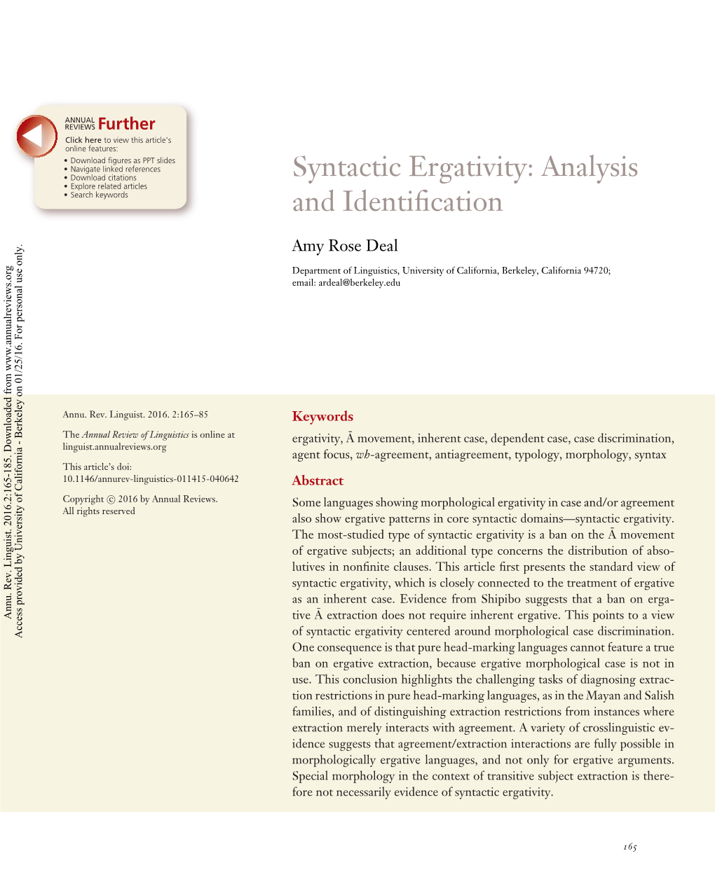 Syntactic Ergativity: Analysis • Explore Related Articles • Search Keywords and Identiﬁcation