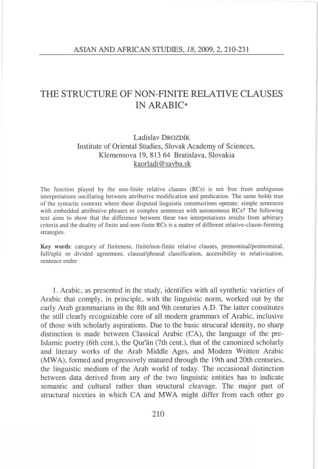 The Structure of Non-Finite Relative Clauses in Arabic*