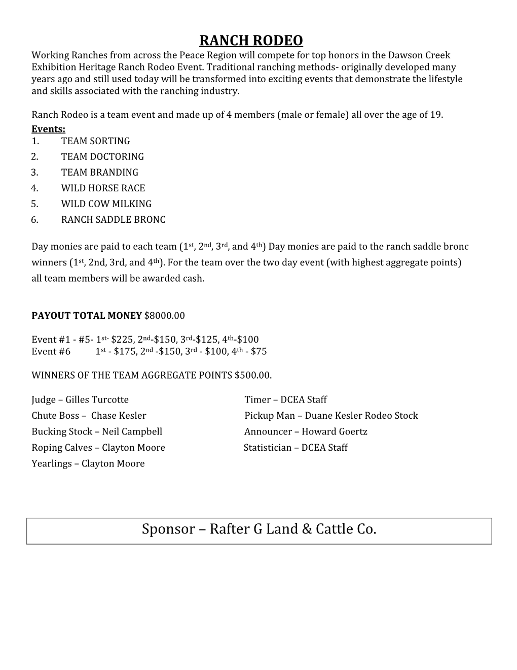 RANCH RODEO Sponsor – Rafter G Land & Cattle