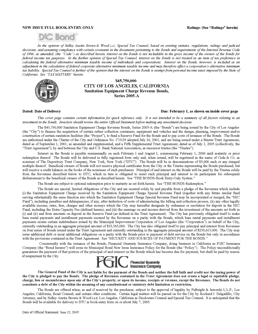 CITY of LOS ANGELES, CALIFORNIA Sanitation Equipment Charge Revenue Bonds, Series 2005-A