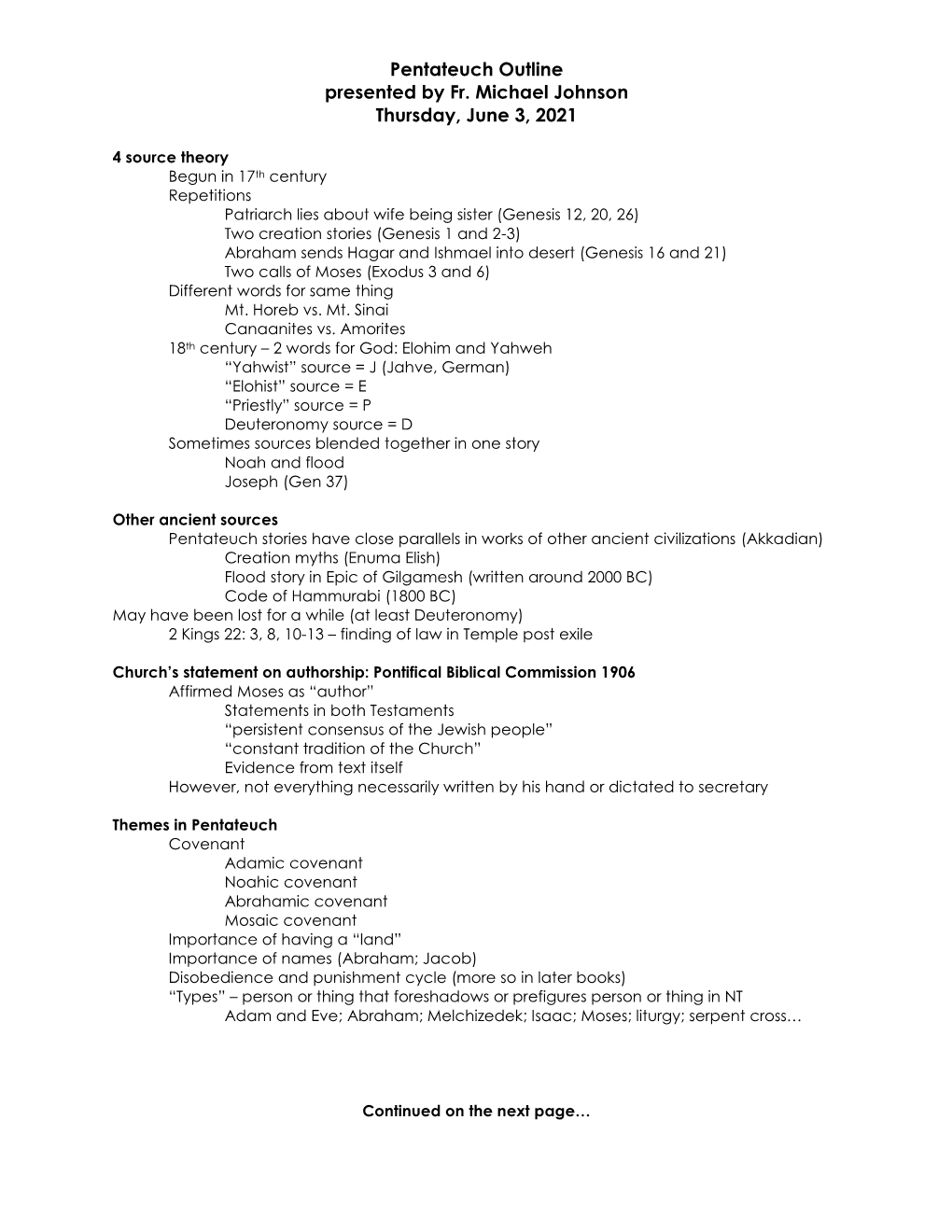 Pentateuch Outline Presented by Fr. Michael Johnson Thursday, June 3, 2021