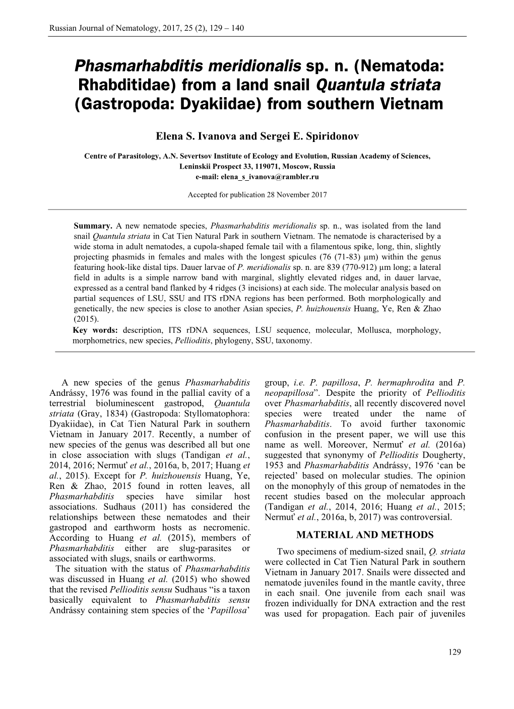 Phasmarhabditis Meridionalis Sp. N. (Nematoda: Rhabditidae) from a Land Snail Quantula Striata (Gastropoda: Dyakiidae) from Southern Vietnam