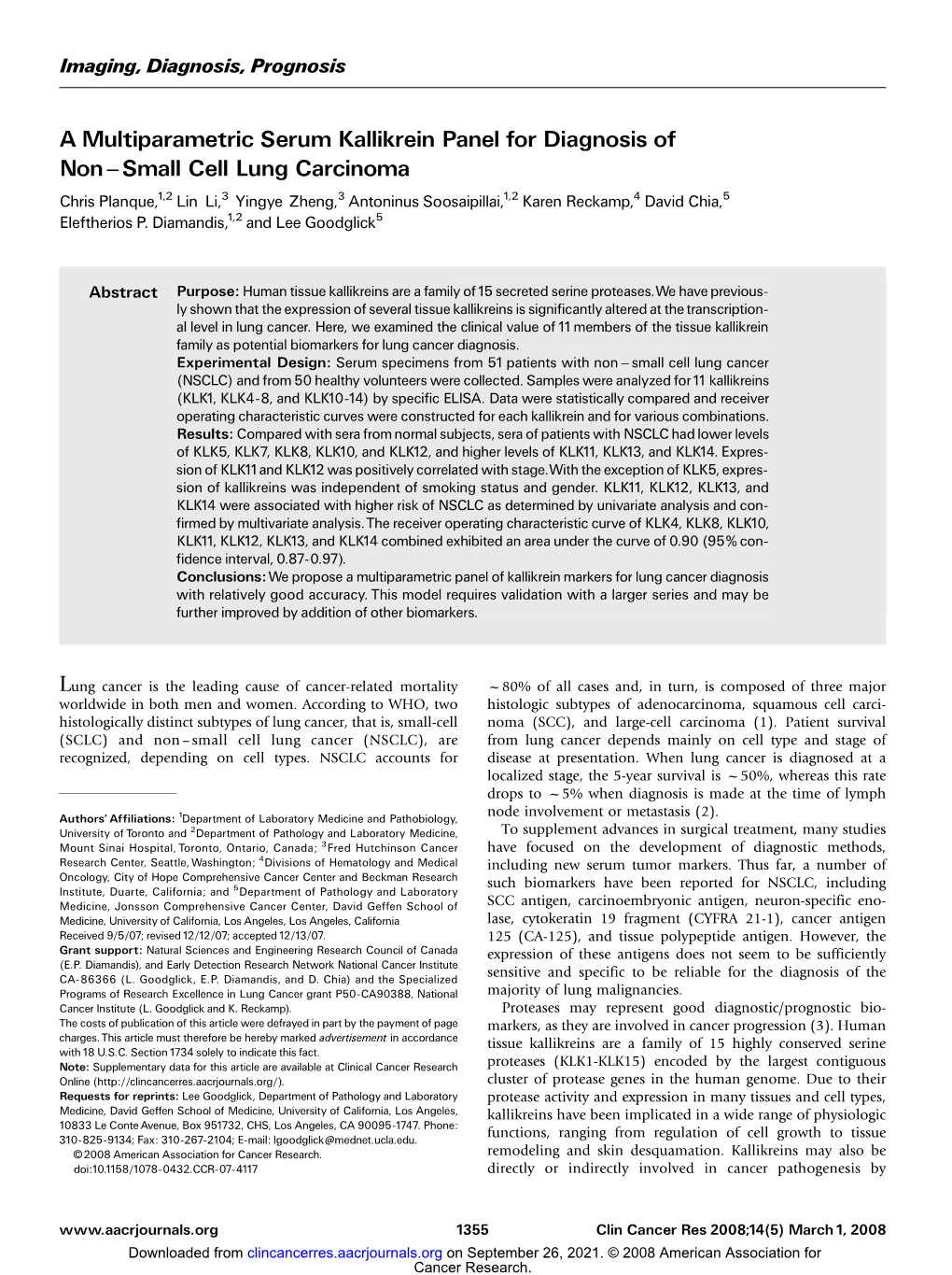 A Multiparametric Serum Kallikrein Panel for Diagnosis of Non ^ Small