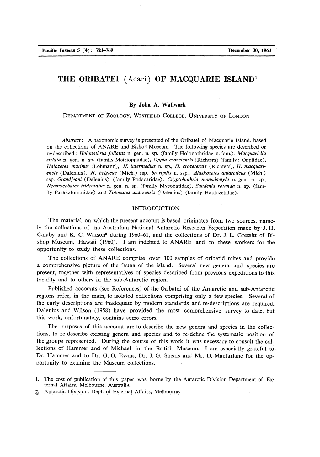 THE ORIBATEI (Acari) of MACQUARIE ISLAND1