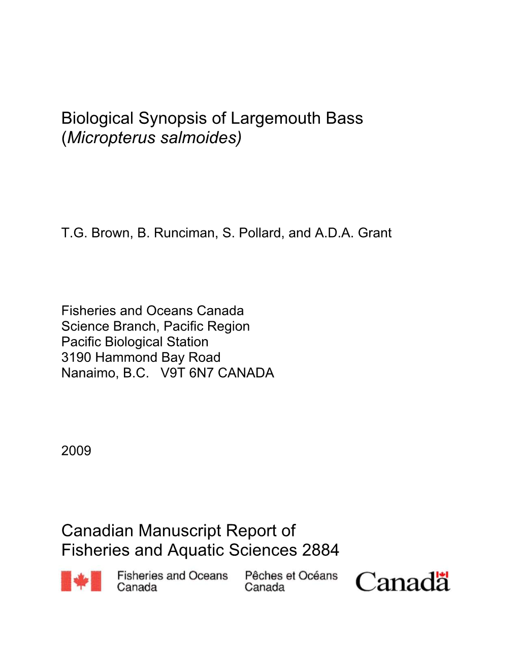 Biological Synopsis of Largemouth Bass (Micropterus Salmoides)