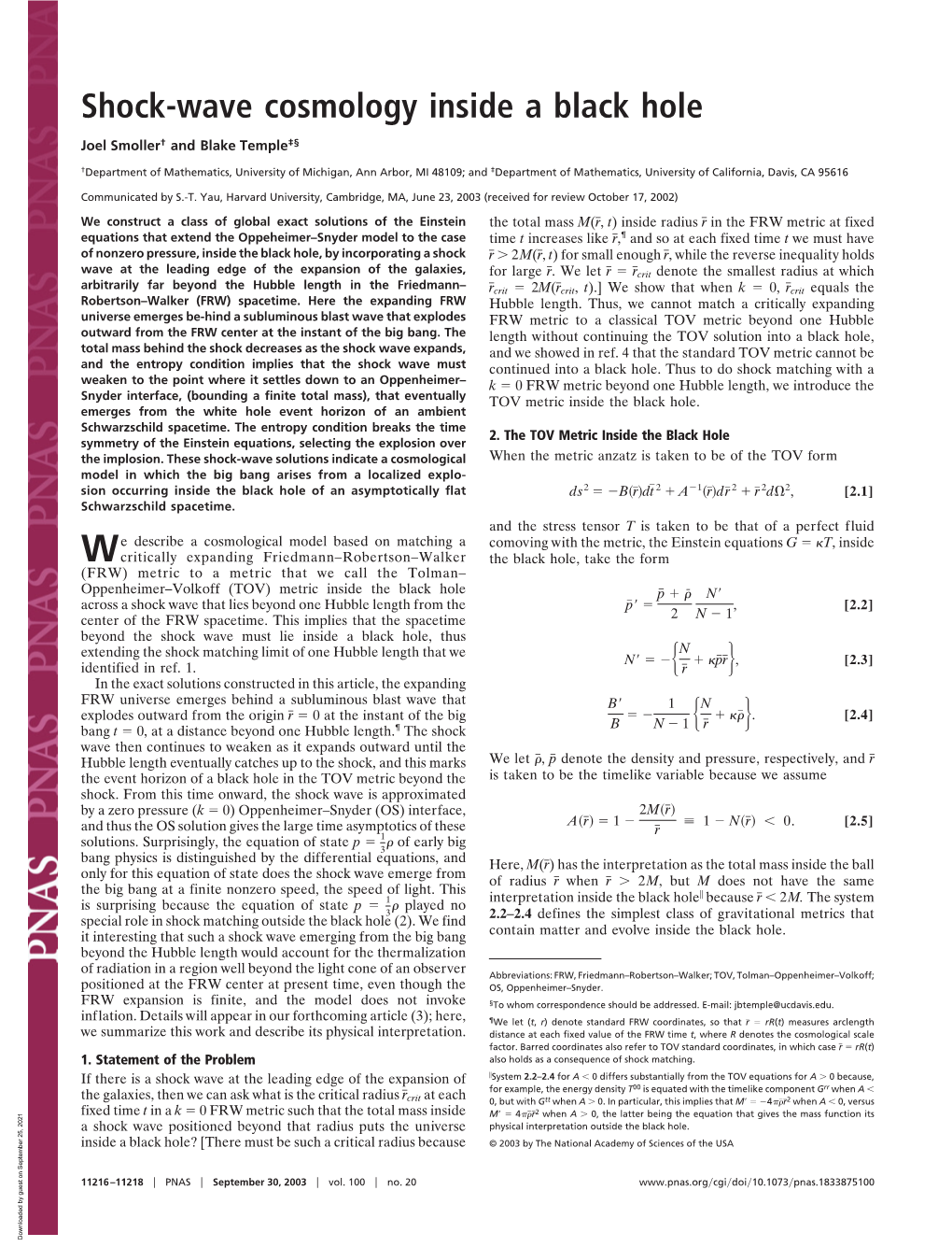 Shock-Wave Cosmology Inside a Black Hole