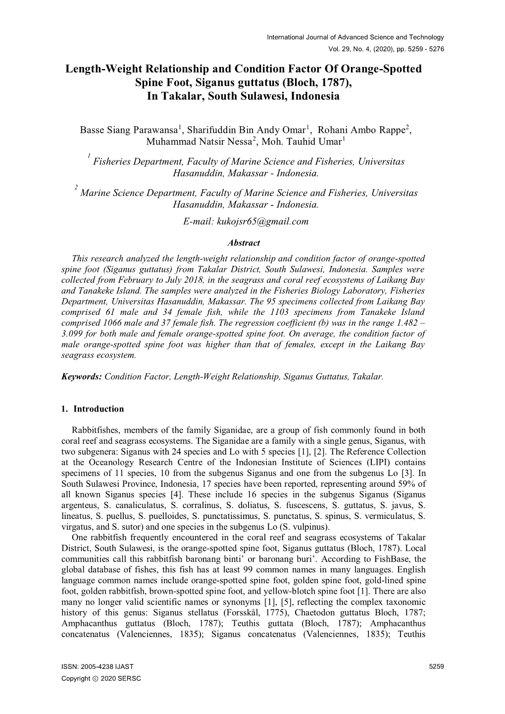 Length-Weight Relationship and Condition Factor of Orange-Spotted Spine Foot, Siganus Guttatus (Bloch, 1787), in Takalar, South Sulawesi, Indonesia