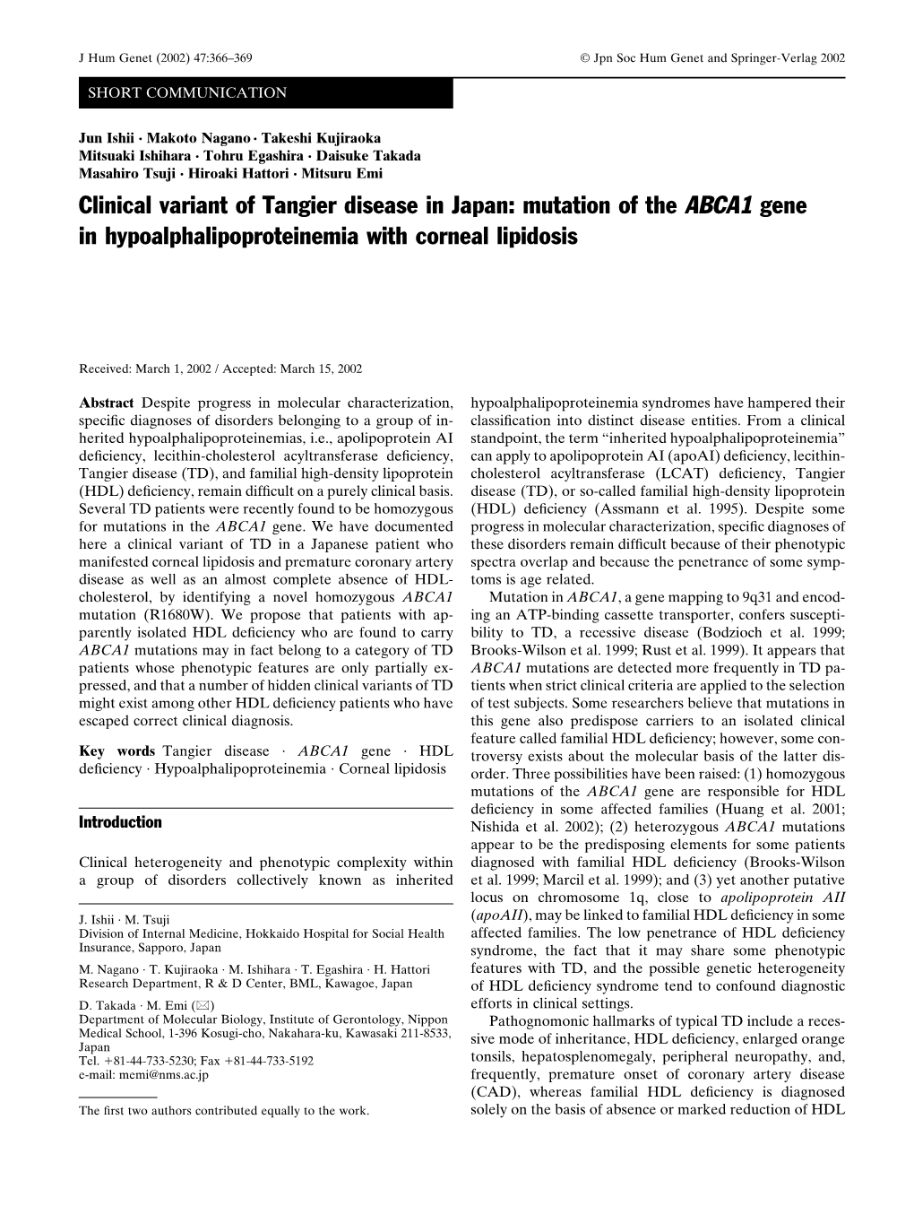 Mutation of the ABCA1 Gene in Hypoalphalipoproteinemia with Corneal Lipidosis