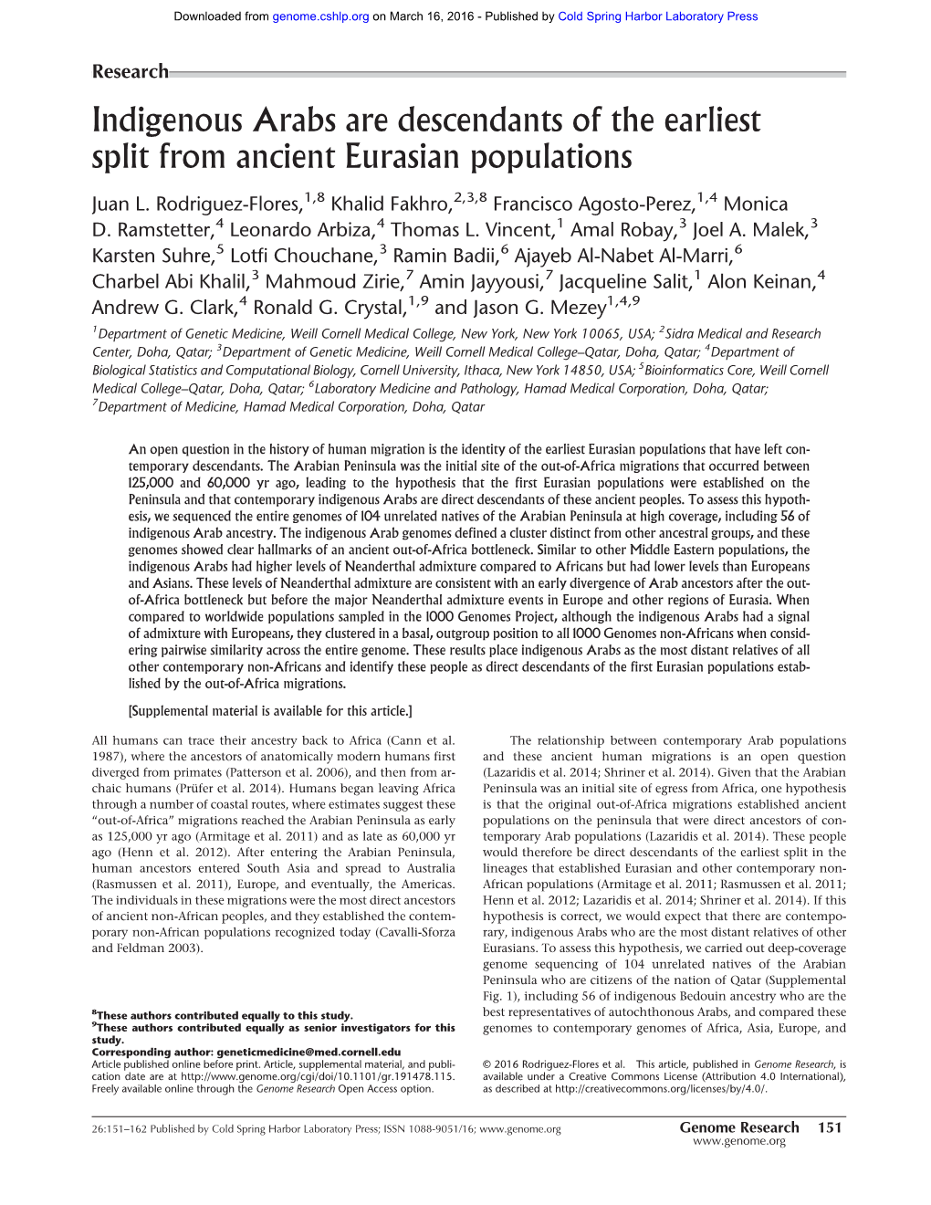 Indigenous Arabs Are Descendants of the Earliest Split from Ancient Eurasian Populations
