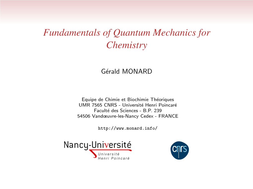 Fundamentals of Quantum Mechanics for Chemistry