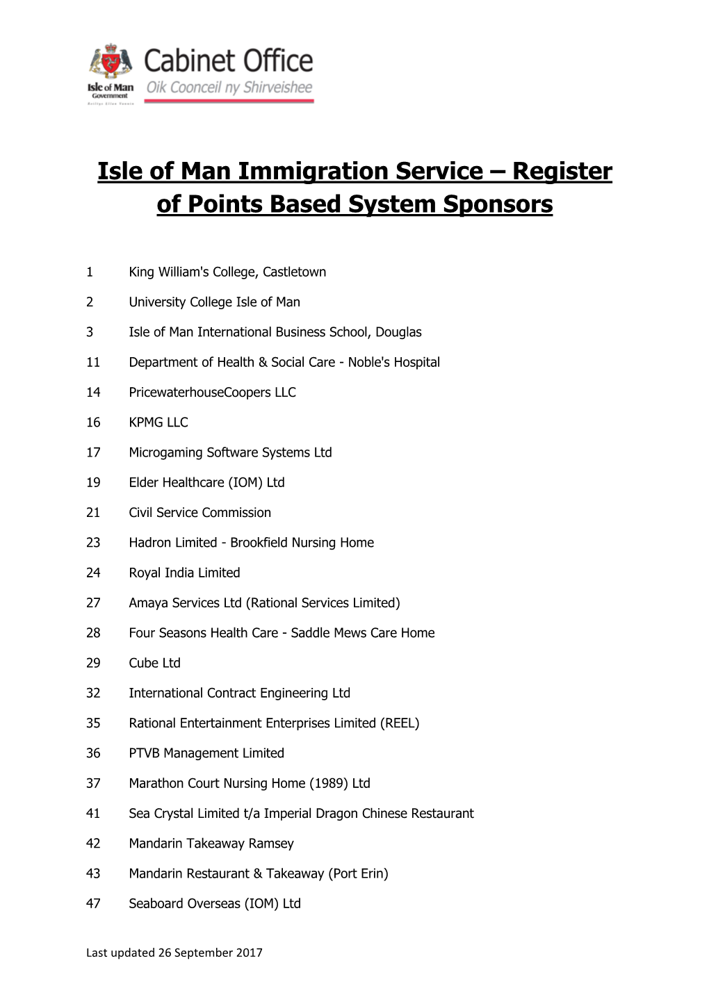 Isle of Man Immigration Service – Register of Points Based System Sponsors