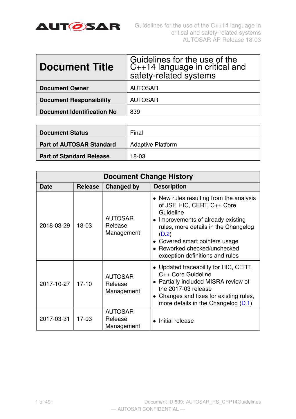 Guidelines for the Use of the C++14 Language in Critical and Safety-Related Systems AUTOSAR AP Release 18-03